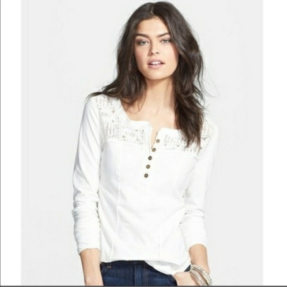 Free People Cream Boho Lace Top Henley Long Sleeve size large